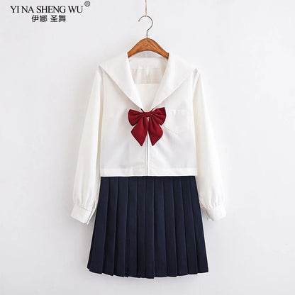 White Japanese Anime High School Girls Student JK Uniforms Cosplay Costume Navy Uniform Pleated Skirt Sailor Suit Korean Style