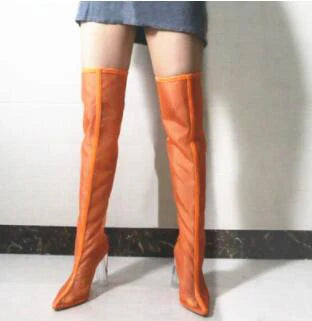 New Mesh Neon Green Sandal Boots Women Sexy Over The Knee Boots Pointed Toe High Heels Party Shoes Woman Thigh High Boots