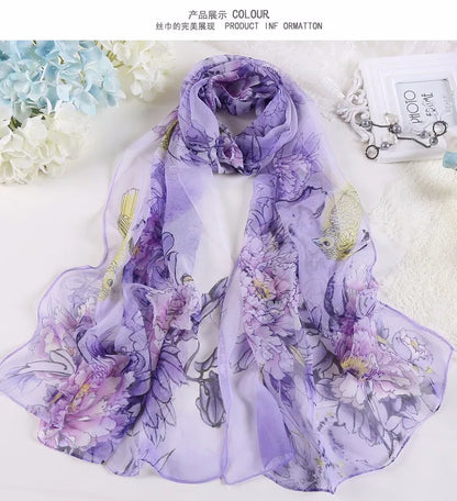 Hot Fashion Summer Chiffon Georgette Scarf Parrot Peony Print Women Foulard Long Shawl&Wrap Bandana Elegant Thin 50*160cm M163
