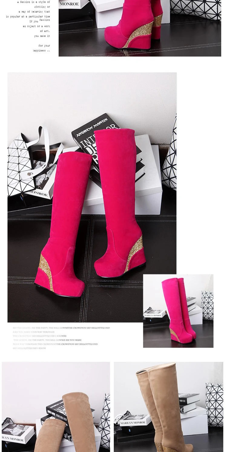 Flock Stitching Sequined Cloth Wedges Women's Knee-Length Boots Inner Heightening Platform Flat-Bottomed Winter Long Boots