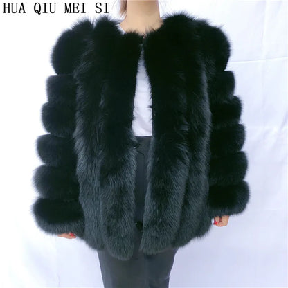 HUAQIUMEISI Real Fox Fur Coat Women's Autumn and Winter Vertical Bar Natural Fox Jacket New Fashion Silver Fox Fur Coat