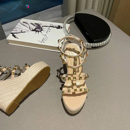 Rivet Wedges Women Sandals Open Toe Ankle Buckle Strap Ladies Platform Wedges Sandals High Heels Roman Rattan Grass Woven Shoes