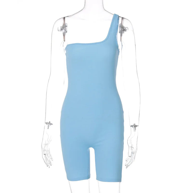 Sleeveless Playsuit Solid Color Rompers Women Jumpsuit Single Shoulder Bodysuits Yoga Fitness Sports One-pieces Short Overalls