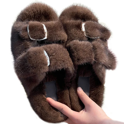 Slippers Ladies Summer Fluffy Mink Fur Slippers 100% Mink Fur Slippers Ladies Sandals 2021 Home Slippers Girls Outdoor Slippers