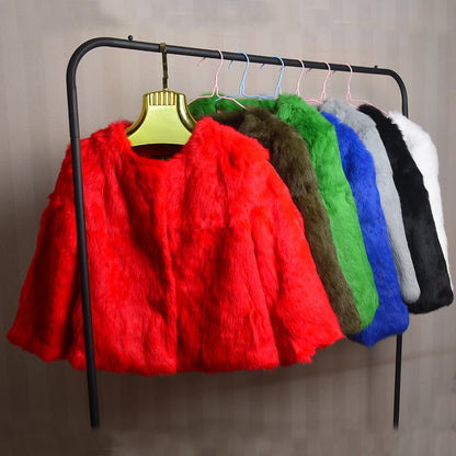 Genuine Full Pelt Fur Jacket Women's Design Rabbit Fur Coat Natural Wholeskin Fur Coat O-Neck Fashion Slim Thin Rabbit Fur Coat