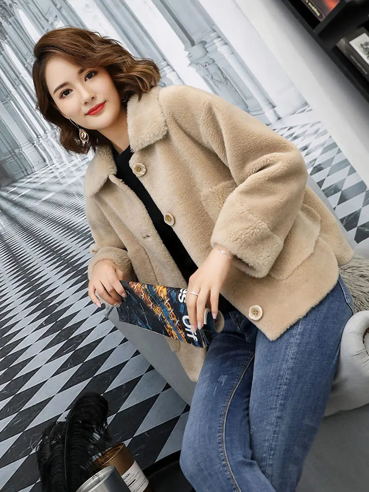 Real Fur Sheepskin Coat Women Winter  Genuine Wool Coats Female turndown Collar Winter Warm Sheep Shearing Jacket Outercoat