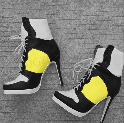 LAIGZEM SUPER Women Ankle Boots Patchwork High Heel Comfortable Short Boots Winter Casual Ladies Botines Mujer Big Size 45 46 47