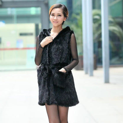 New Genuine Knitted Mink Fur Vest Hooded Mink Fur Vest Warm Winter Fur Coat