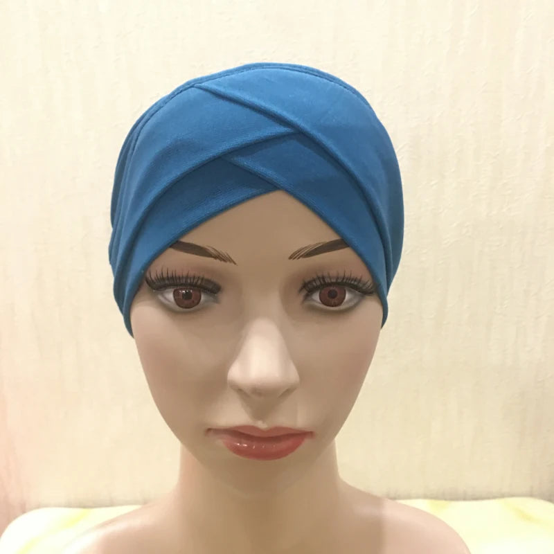 H117 Forehead criss Cross Muslim Turban Pure Color Stretch Inner Hijabs For Caps Ready To Wear Women Head Scarf Under Bonnet