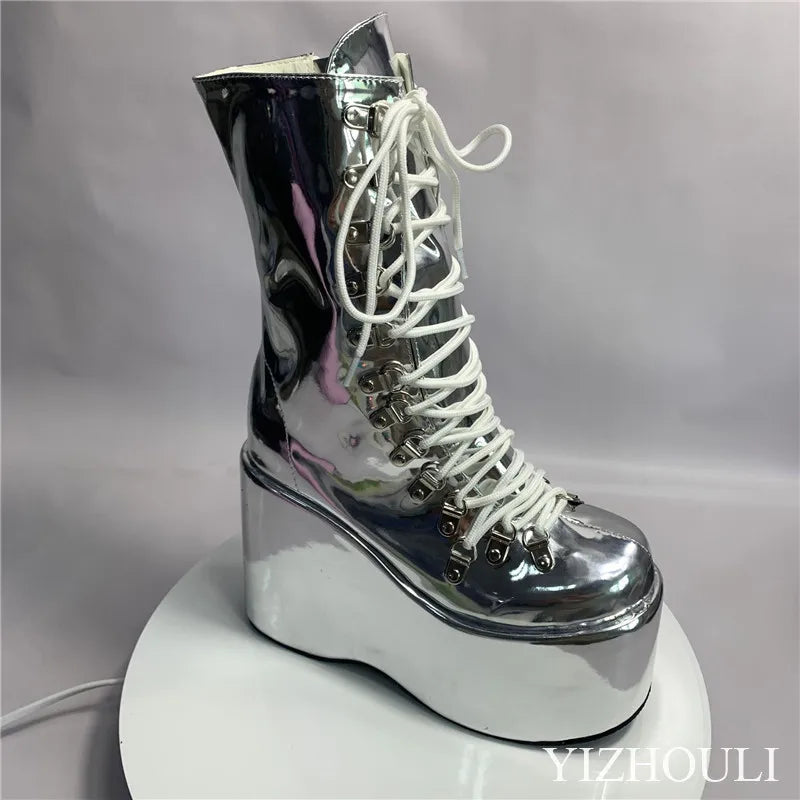 12.5cm fashion wedge heel, stage performance style, street style, sexy custom boots, model stage show ankle boots