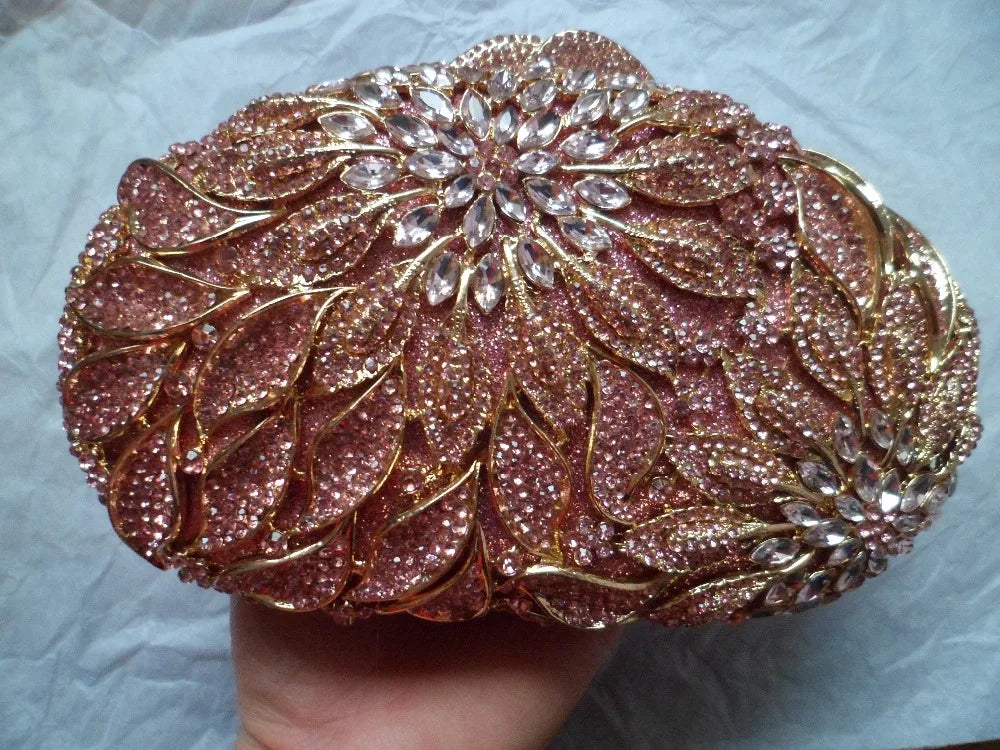 Gold Metal Leaves White Crystals Evening Clutch Bags Luxury Women Wedding Party Purse Ball Handbags Rhinestone Mini Minaudiere
