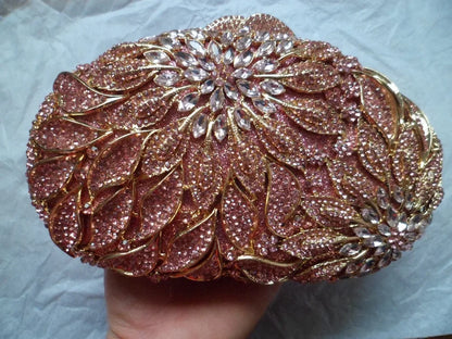 Gold Metal Leaves White Crystals Evening Clutch Bags Luxury Women Wedding Party Purse Ball Handbags Rhinestone Mini Minaudiere