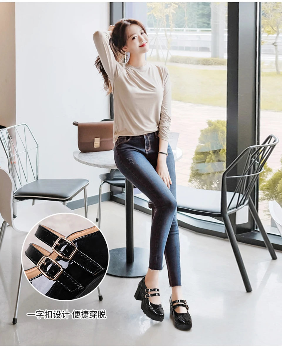 EOFK Women Pumps Shoes Genuine Leather New Mary Jane High Heels Shinny Patent Woman Ladies Shoes Pumps Brogue High Square Heel