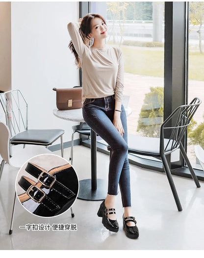 EOFK Women Pumps Shoes Genuine Leather New Mary Jane High Heels Shinny Patent Woman Ladies Shoes Pumps Brogue High Square Heel
