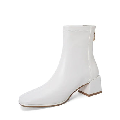 Meotina Ankle Boots Women Genuine Leather High Heel Shoes Thick Heel Short Boots Zip Square Toe Ladies Boots Autumn Winter Beige