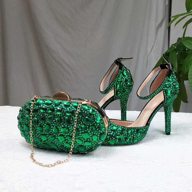 BaoYaFang 2022 NEW ARRIVE Green Crystal Wedding Shoes Woman Thin Heel Pointed Toe Bridal Party Dress Shoe Big Size High Pumps