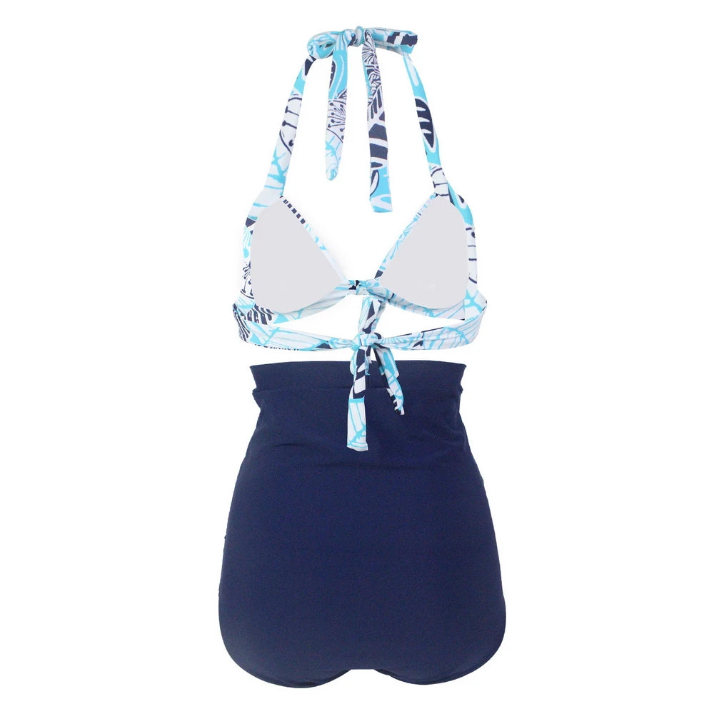 Pleated Bikini Red Top Navy Blue With White Dots Bottom Women Classic High Waist Halter Bikini Sets Plus Size Two-piece Swimwear