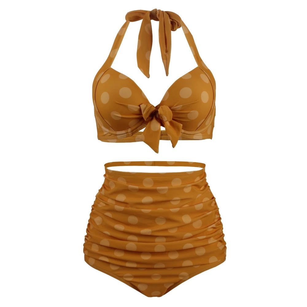 Pleated Bikini Red Top Navy Blue With White Dots Bottom Women Classic High Waist Halter Bikini Sets Plus Size Two-piece Swimwear