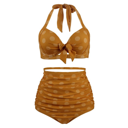 Pleated Bikini Red Top Navy Blue With White Dots Bottom Women Classic High Waist Halter Bikini Sets Plus Size Two-piece Swimwear