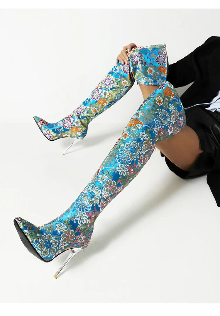 Western Embroidery Style Pointed Toe Over-The-Knee Women's Boots Ethnic Style Patterned Ultra-High Crystal Stiletto Long Boots