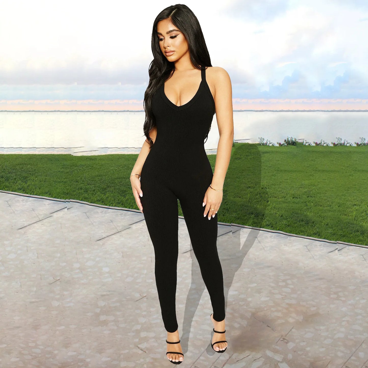 Sexy Cleavage Jumpsuits Women Classic Simple Casual Sporty Wear Sleeveless V-Neck Back Criss Cross Active Casualwear