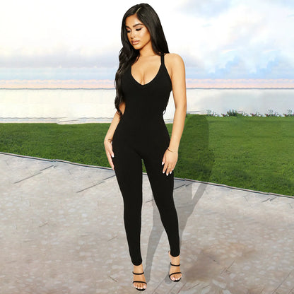 Sexy Cleavage Jumpsuits Women Classic Simple Casual Sporty Wear Sleeveless V-Neck Back Criss Cross Active Casualwear