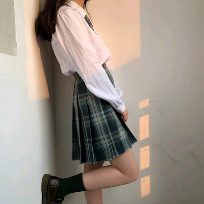 School Girl Uniform Pleated Skirts Japanese School Uniform High Waist A-Line Plaid Skirt Sexy JK Uniforms for Woman Full set