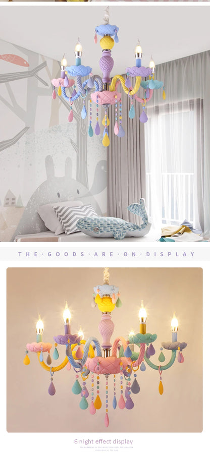 Rainbow Crystal Chandelier European Candle Lustres Bedroom Children's Room American LED E14 8 Lights Princess Makaron Kid Lamps