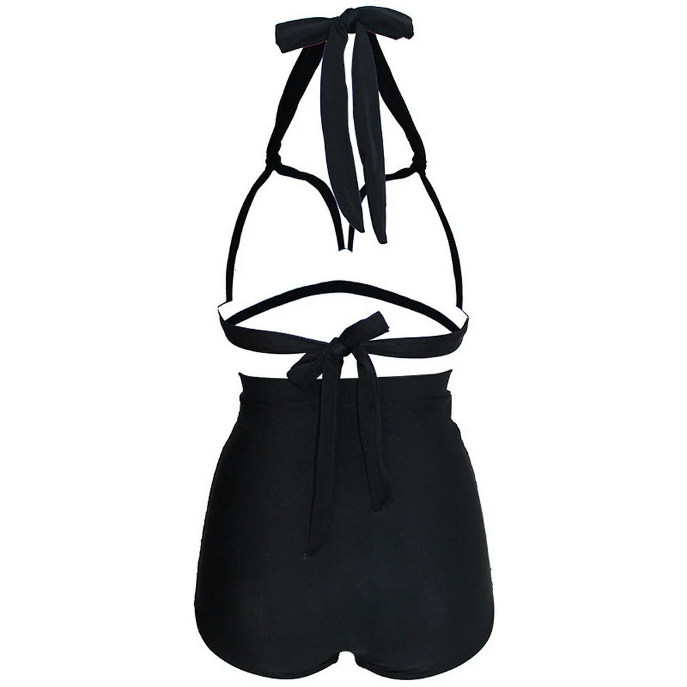 Pleated Bikini Red Top Navy Blue With White Dots Bottom Women Classic High Waist Halter Bikini Sets Plus Size Two-piece Swimwear