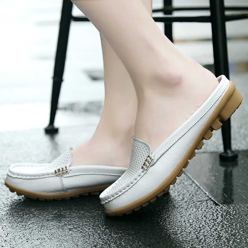 Women Casual Shoes Hollow Out Lady Half Lofers Genuine Leather Flats Moccasins Women Luxury Brand Half Slippers Zapatillas Mujer