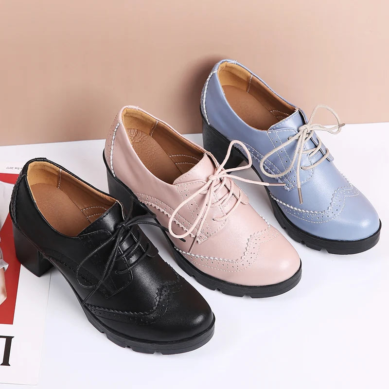EOFK Women Brogue Shoes New Quaity High Square Heel Derby Genuine Leather High Heels Wedge Shoes Woman Female Shoes Pumps Casual