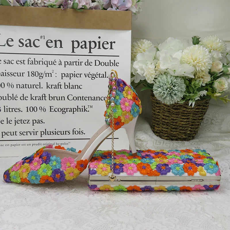 Fashion multicolored Flower Wedding Shoes With Matching Bags High Heels Pointed Toe Ankle Strap Ladies Party shoe and bag set