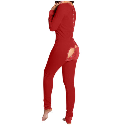 Sexy Pyjama Women's Jumpsuit Suit Button-down Front Back Butt Open Ass Flap Jumpsuit Pajamas Loungewear Buttoned Sleepwear