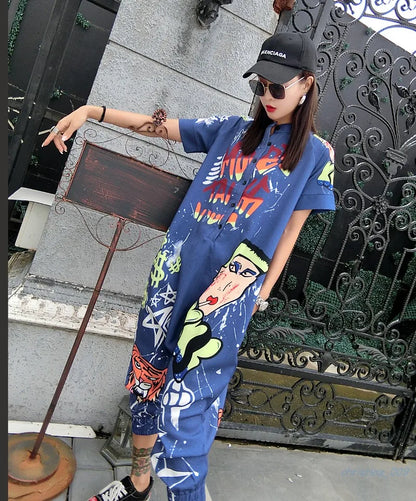 New Women Cartoon Graffiti Printing One Piece Overalls Mandarin Collar Short Sleeve Jumpsuit Hip Hop Design Rompers Baggy Pants
