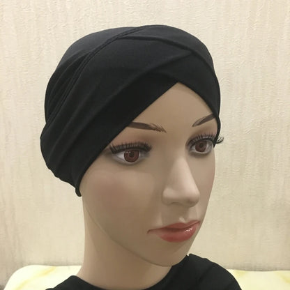 H117 Forehead criss Cross Muslim Turban Pure Color Stretch Inner Hijabs For Caps Ready To Wear Women Head Scarf Under Bonnet
