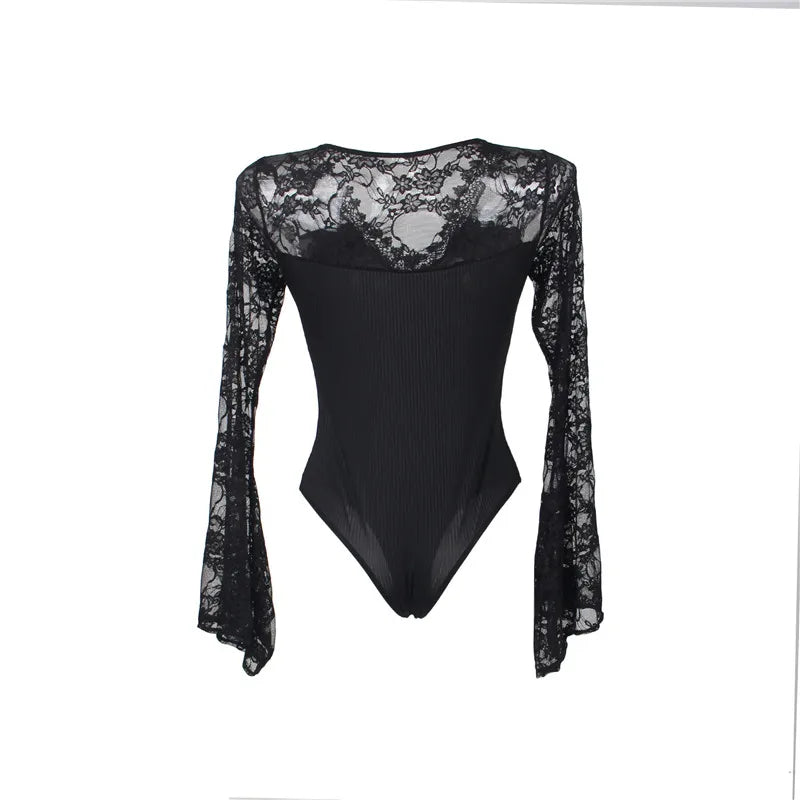 Bodysuits Women Top Fashion V Neck Lace Skinny Lingerie Leotard Black Mesh Salopette Teddy Femme Horn Sleeves Rompers Jumpsuits