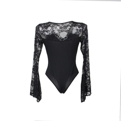 Bodysuits Women Top Fashion V Neck Lace Skinny Lingerie Leotard Black Mesh Salopette Teddy Femme Horn Sleeves Rompers Jumpsuits