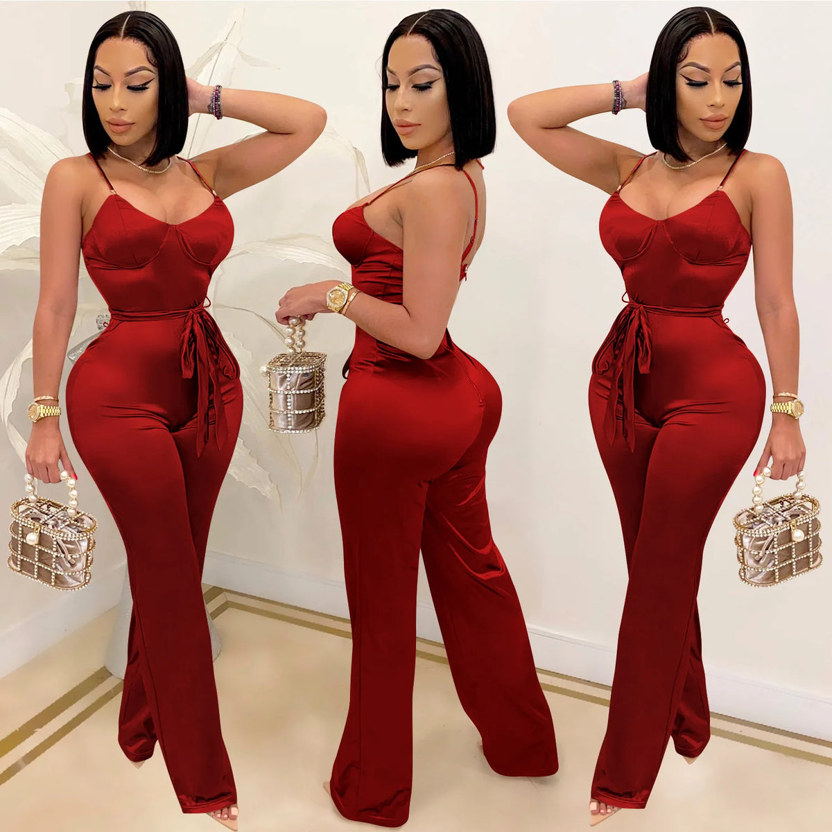 New Women Spaghetti Strap Sleeveless Straight Jumpsuit Women Sexy Club Open Back High Waist Rompers One Piece Overalls
