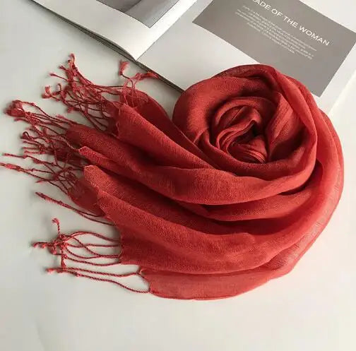 55*180cm Fashion Soft Solid Women 100% Linen Flax Tassel Scarf Summer Travel Sunscreen Long Shawl Elegant Hijab Women Foulard