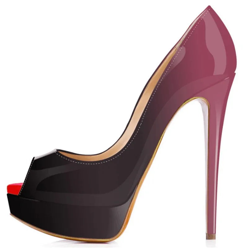 Women Pumps Sexy Platform Peep Toe 14cm Extremely High Heels Woman  Patent Leather Nighclub Red Wedding Shoes Gradient Stiletto