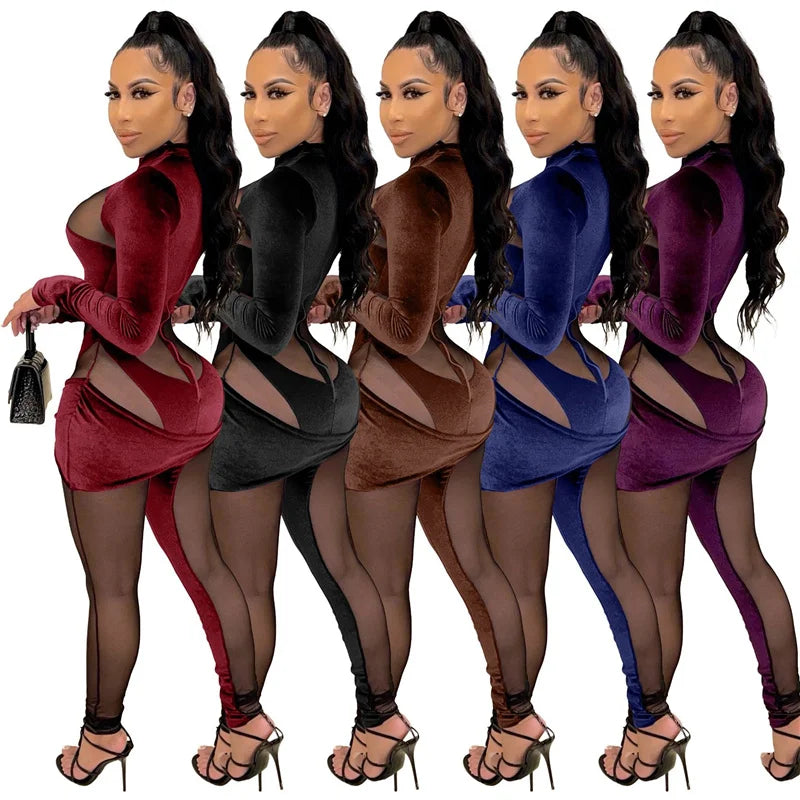 Sexy See-through Mesh Patchwork Velvet Jumpsuit Women Clubwear Long Sleeve Rompers Womens Jumpsuit Bodycon Overalls for Women