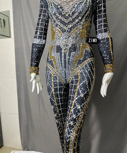 fashion Rhinestones Jumpsuit Crystal Pearl sexy Women Jumpsuits spandex party Nightclub birthday Pole Dance Singer Stage Costume
