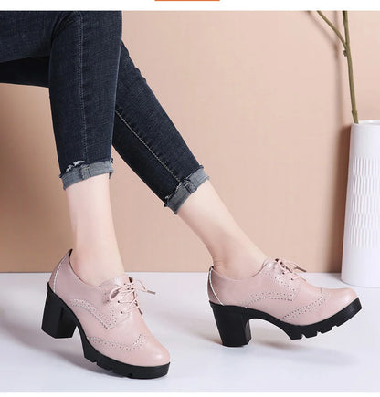 EOFK Women Brogue Shoes New Quaity High Square Heel Derby Genuine Leather High Heels Wedge Shoes Woman Female Shoes Pumps Casual