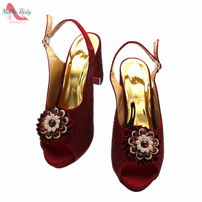 Buckle Strap Sandals Nigerian Women Shoes and Bag Set in Yellow Color with Shinning Crystal Italian Lady Shoes and Bag for Party