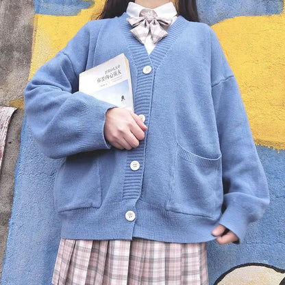 Japan School Sweater Spring Autumn V-neck Cotton Knitted Sweater College Style JK Uniform Cardigan 4 Color Student Girls Cosplay