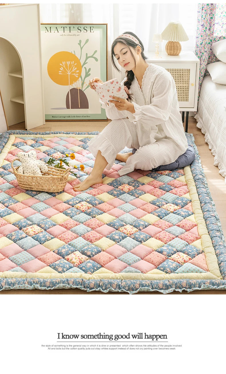 Large Thick Cotton Quilted Rugs for Living Room Anti Slip Bedroom Bedside Carpet Rugs Winter Warm Floral Print Tatami Floor Mats