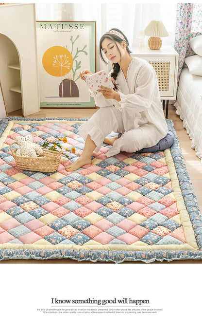 Large Thick Cotton Quilted Rugs for Living Room Anti Slip Bedroom Bedside Carpet Rugs Winter Warm Floral Print Tatami Floor Mats