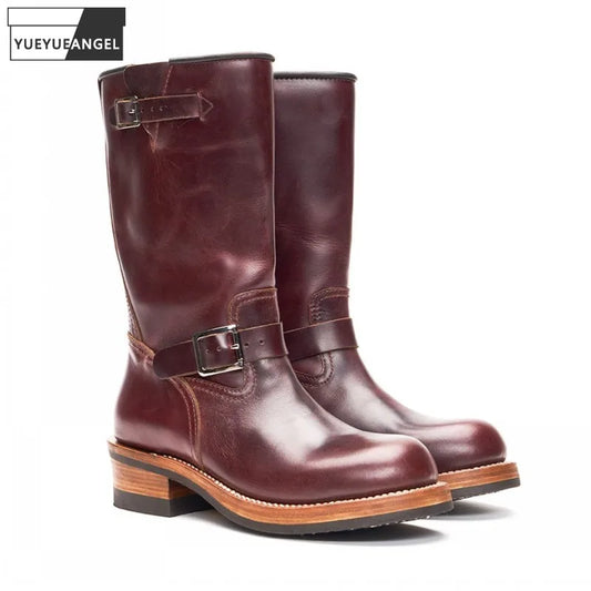 Engineer Work Shoes Men Vintage High Top 100% Genuine Leather Motorcycle Long Boots Autumn Designer Slip On Cowhide Riding Boots
