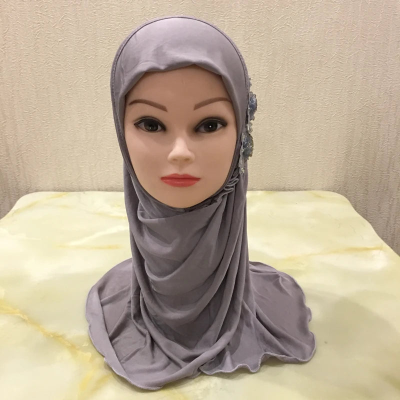 H081 beautiful small girl hijab with flowers cute hijab hats women's caps can fit 2-6 years old girls