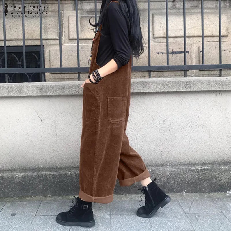 Corduroy Overalls Women's Summer Bib Jumpsuits ZANZEA 2026 Casual Suspender Harem Pants Female Solid Rompers Femme Oversize
